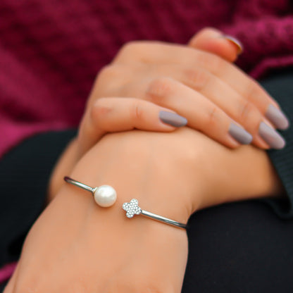 Silver Pearl Clover Bangle Bracelet